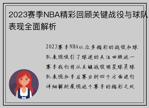 2023赛季NBA精彩回顾关键战役与球队表现全面解析